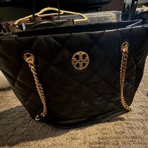 Tory Burch Black Quilted Tote with Gold Chains